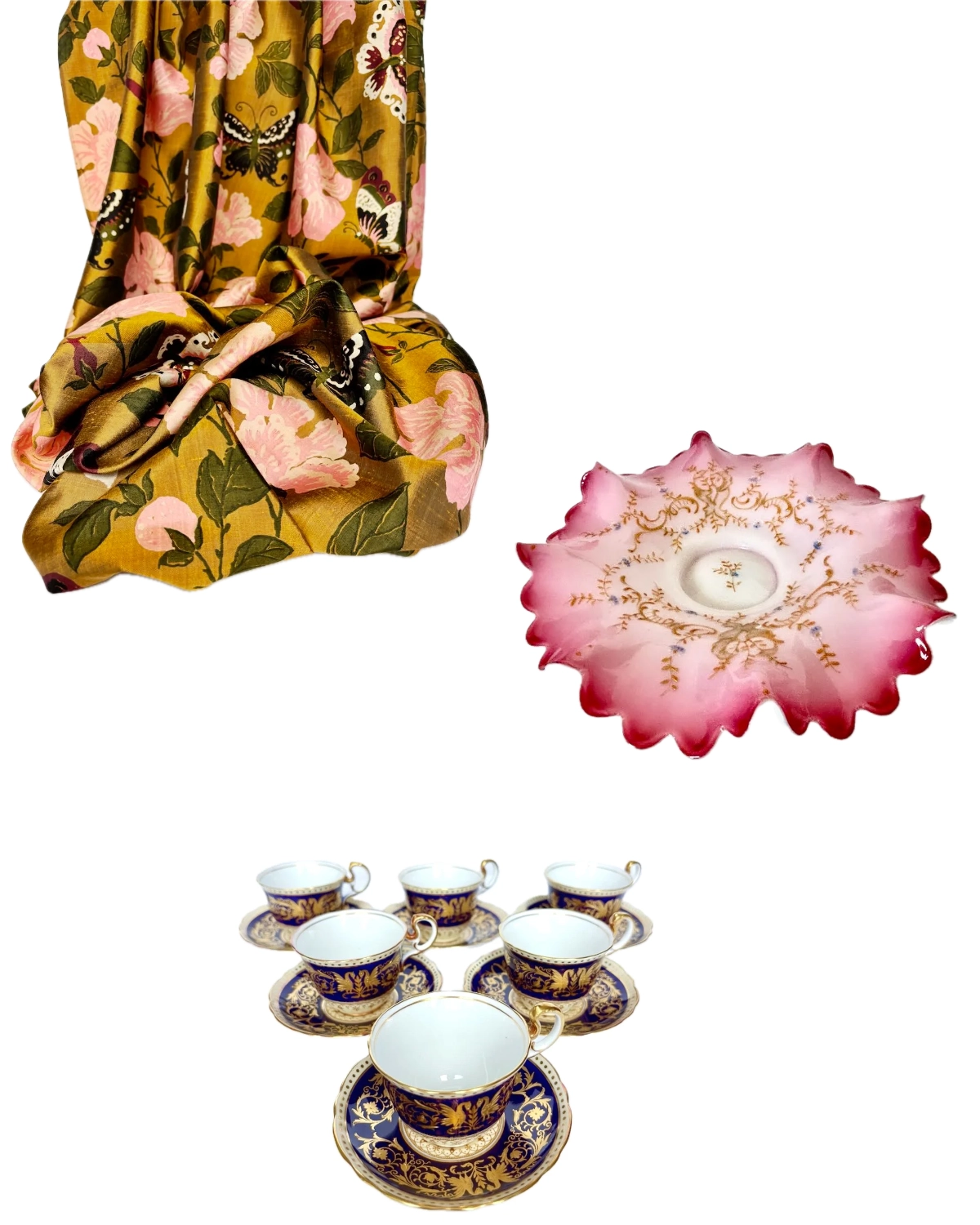 Historic textile, decorative glass, and porcelain from the Atelier85 antiques collection