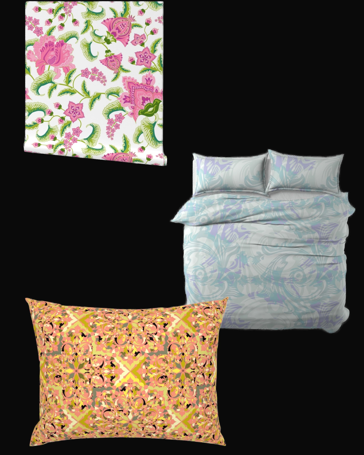 Atelier85 surface patterns applied to wallpaper, bedding, and a decorative pillow