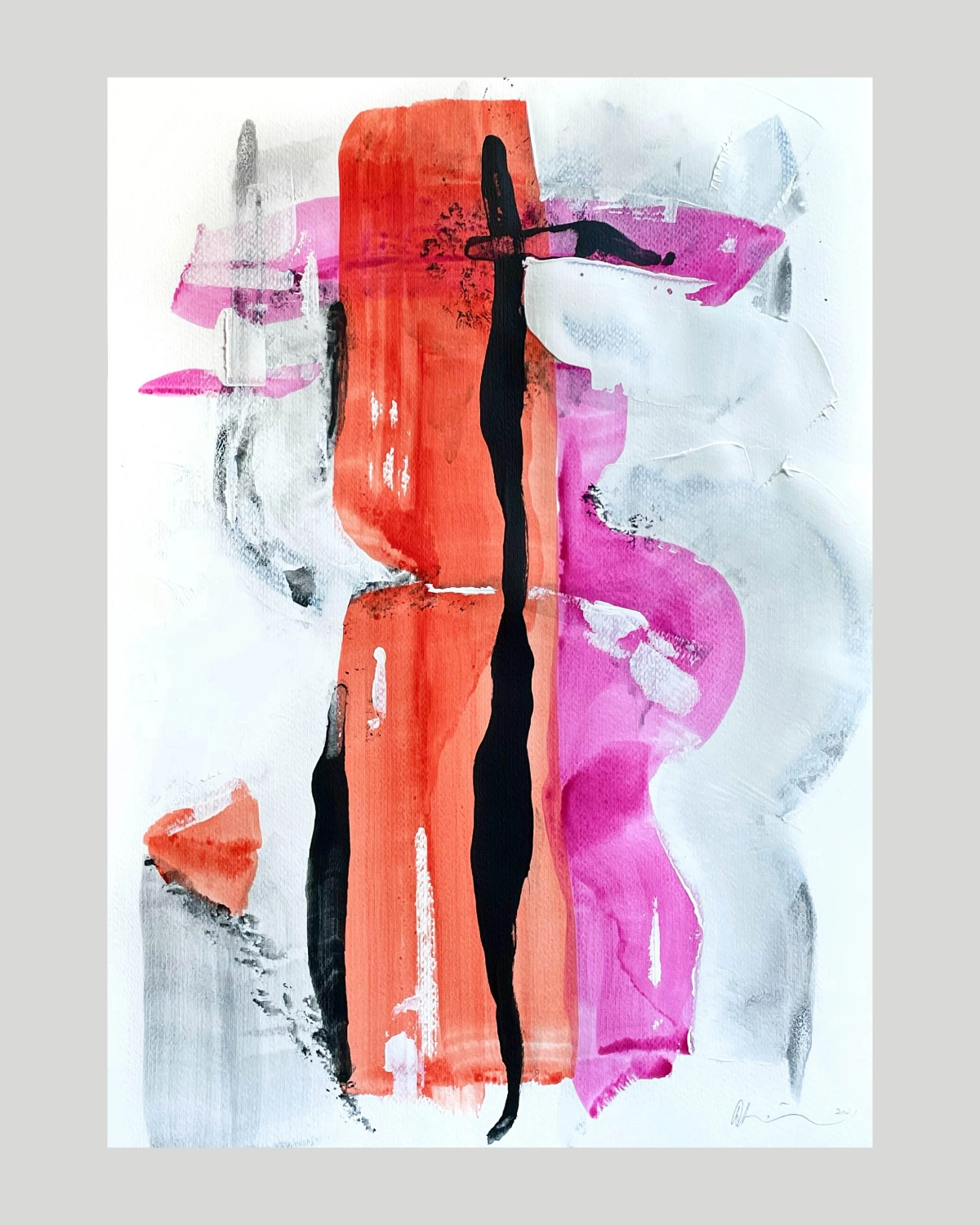 Orange, magenta, black, and white abstract painting by Dino Bernardi